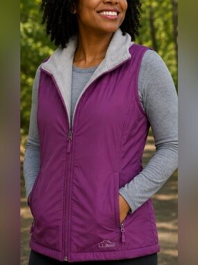 L.L. Bean Nylon Magenta Hooded Sleeveless Fleece Lined‎ Jacket Vest Size Large